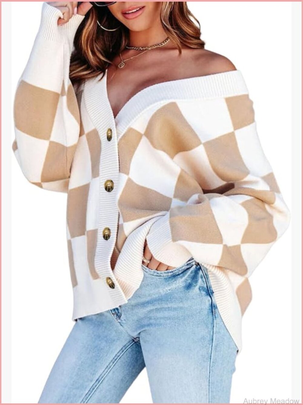 Plaid V Neck Button Down Oversized Cable Knit Cardigan